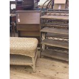 A dark oak student's bureau, 2ft., together with a pair of wicker open shelf units, and a wicker