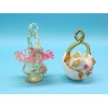 Two hand-blown coloured glass baskets, each applied with coloured flowers, tallest 9.5in.