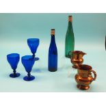 Two Bristol-type glass decanters, one blue, the other green, with embossed silver plated mounts,