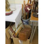 A pair of watercolours, by John Wells-Deamer, other pictures, various walking sticks within