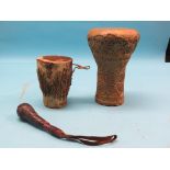 Tribal items from Somalia, bow, seven arrows within quiver, two hand drums, cosh and a leather