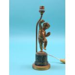 An ormolu table lamp, semi-nude youth with symbols, on simulated malachite plinth, 11in.