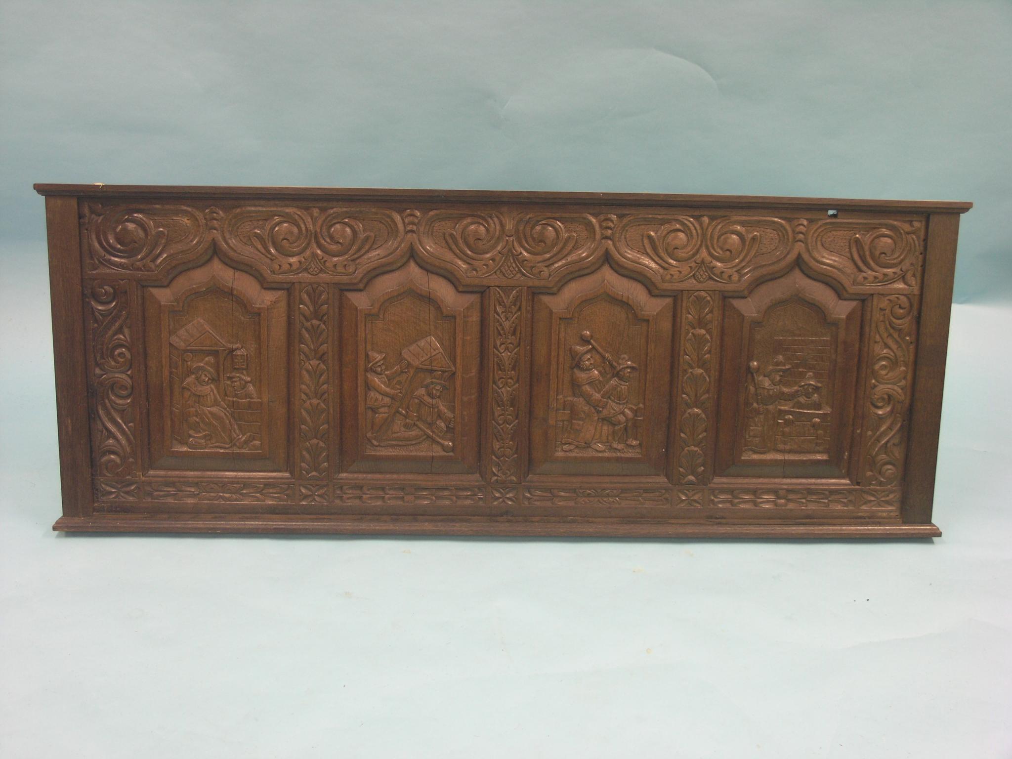 Two large oak Flemish panellings, all panels carved with figures at various pursuits, 4ft. 10in. - Image 2 of 2