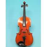 A violin, and two violin bows, one signed Vuillaume, Paris, the other Hawkes & Son, in case