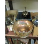 A large silver plated copper punch bowl, pedestal form with lion-mask ring handles, 12in., set of