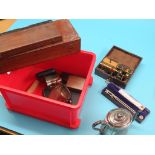 A small microscope, with accessories, in original mahogany fitted case, and an assortment of cased