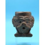 A 19th century carved wood novelty tobacco box, terrier's head with hinged cap cover, glass eyes,