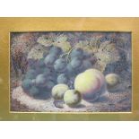 Oliver Clare (1853-1927) - gouache, still life bunch of grapes, a peach and three gooseberries,