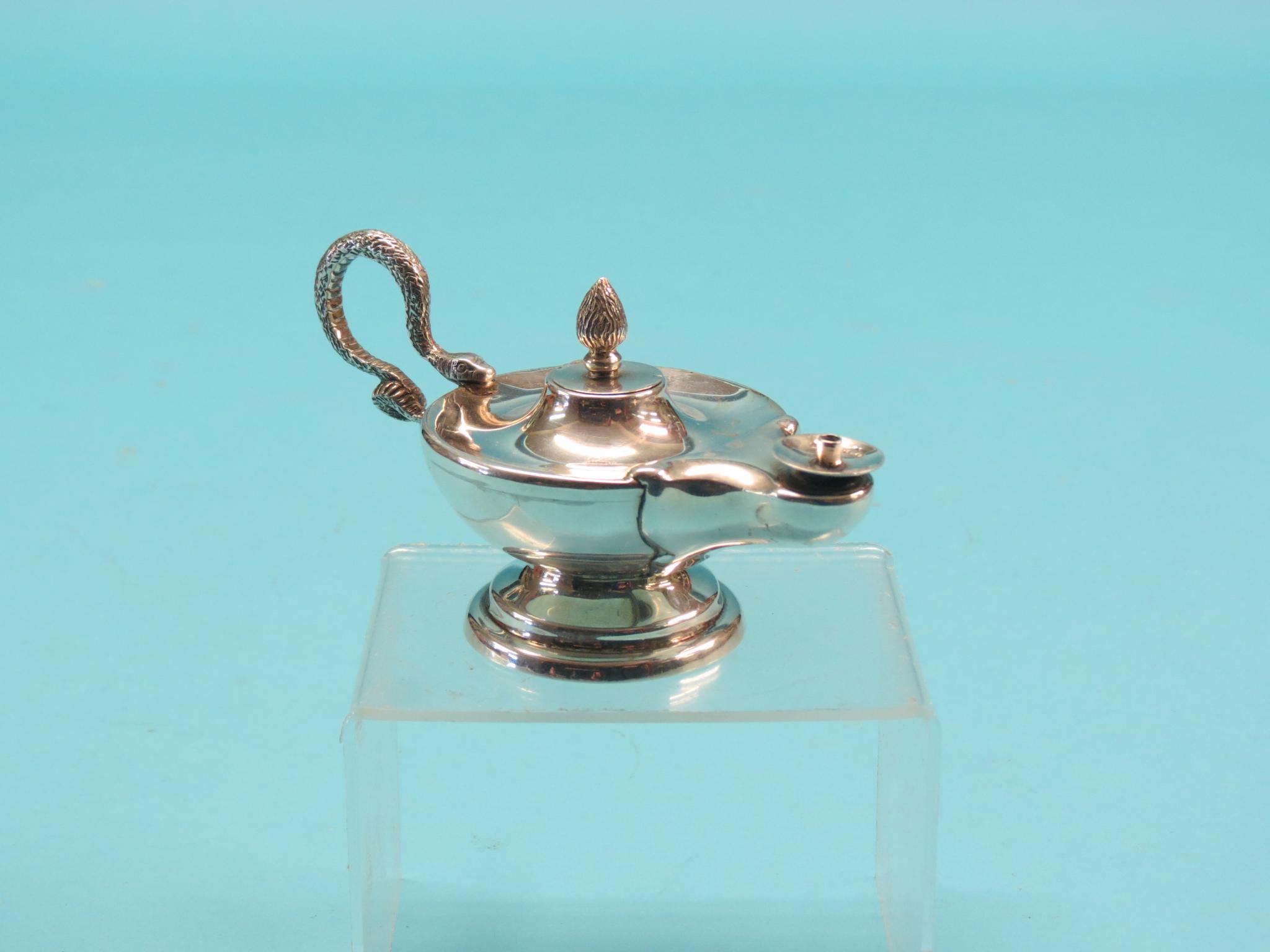 A novelty silver club lighter, in the form of an ancient oil lamp with serpent handle, - Image 2 of 2