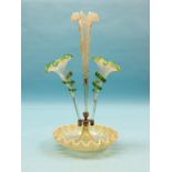 A Victorian vaseline glass epergne, three undulating vases with applied coloured trails, 18in.