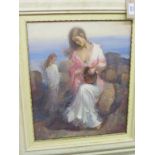 An oil on canvas - loosely-robed females, principal seated sitter carrying pot, indistinctly