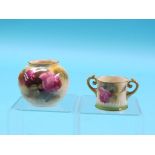 Two Royal Worcester cabinet ornaments, posy vase, 2.75in., and a two-handled mug, both finely-