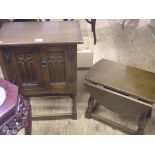 A reproduction dark oak drop-leaf coffee table, 1ft. 8in., and a similar credence cupboard with