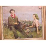 An oil on canvas - male seated playing accordion, female companion alongside, indistinctly signed,