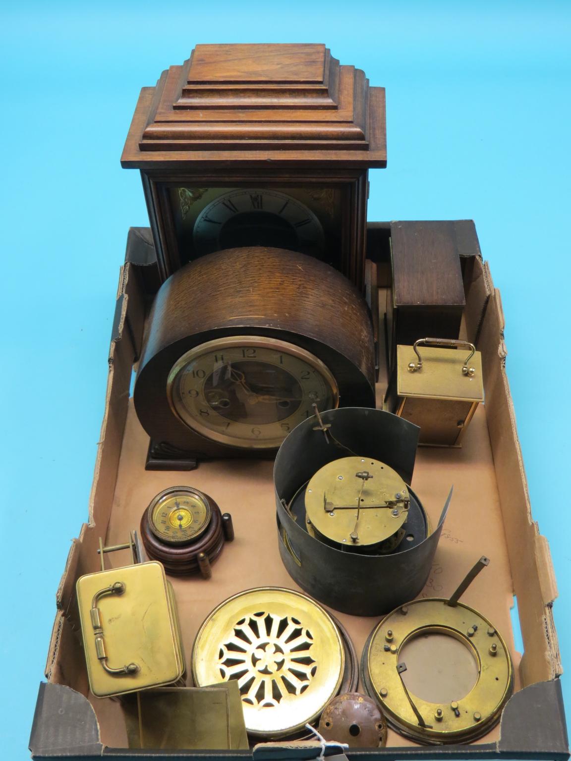A period-style bracket clock, with square brass dial, 13.5in., an oak-cased mantel clock and other