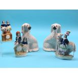 Victorian Staffordshire pottery, pair of comforter spaniels, 8.5in., and three figure groups, one