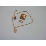 A pearl-type pendant, on 9ct. gold chain, together with a large square citrine pendant, on 9ct. gold