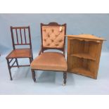 A Victorian walnut nursing chair, upholstered in a buttoned dralon, a Victorian walnut bedroom chair