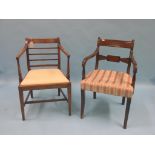 A Sheraton-period mahogany dining armchair, with drop-in seat, back-rail a.f. and another, Regency-