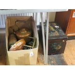 A Victorian copper kettle, Victorian copper and brass warming pan and other metalware, also to