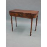 A late George III mahogany tea table, D-shape with satinwood cross-banded top, brass-mounted