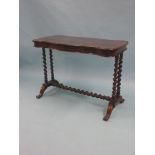 A Victorian rosewood centre table, serpentine-shaped top on barley-twist end supports, barley-