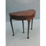 An early 20th century beech card table, half-round with segment-veneered top, on cabriole legs, 2ft.