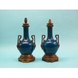 A pair of 19th century Chinese ormolu-mounted vases, enamel on copper in blue monochrome, globe-