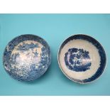 A 19th century pearlware fruit bowl, blue-printed with Chinese island patterns, 9.5in. and three