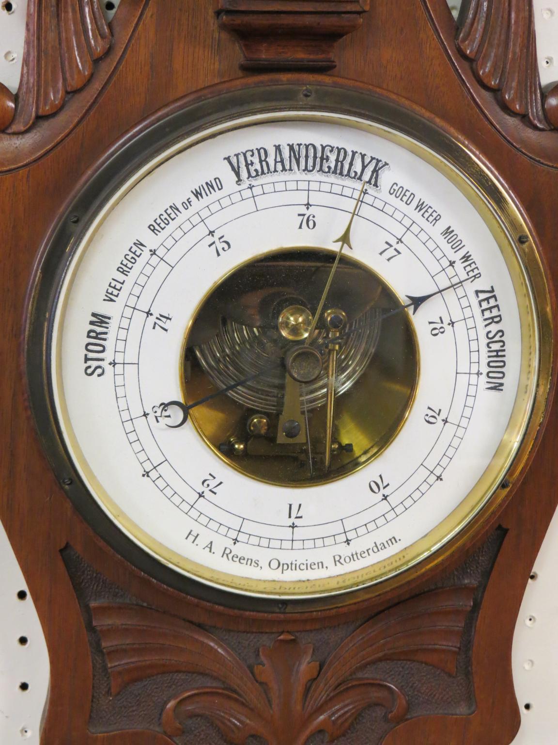 A Dutch late 19th century walnut wheel barometer, aneroid dial signed Reens, Rotterdam, case - Image 2 of 2