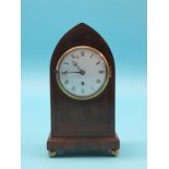 An Edwardian mahogany mantel clock, lancet-shape with single fusee movement, backplate signed F.
