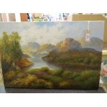 F. L. Jamieson - oil on canvas, panoramic highland riverscape inscribed verso, Loch Leven, signed,