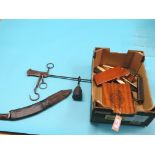 A steelyard-type weighing scale, Ghurka kukri within repaired sheath, various hand-tools, etc.