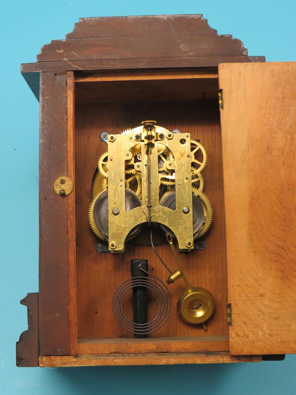 A period-style bracket clock, with square brass dial, 13.5in., an oak-cased mantel clock and other - Image 4 of 4