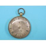 A French yellow metal open-face pocket watch, with engraved silvered dial, cylinder movement, key