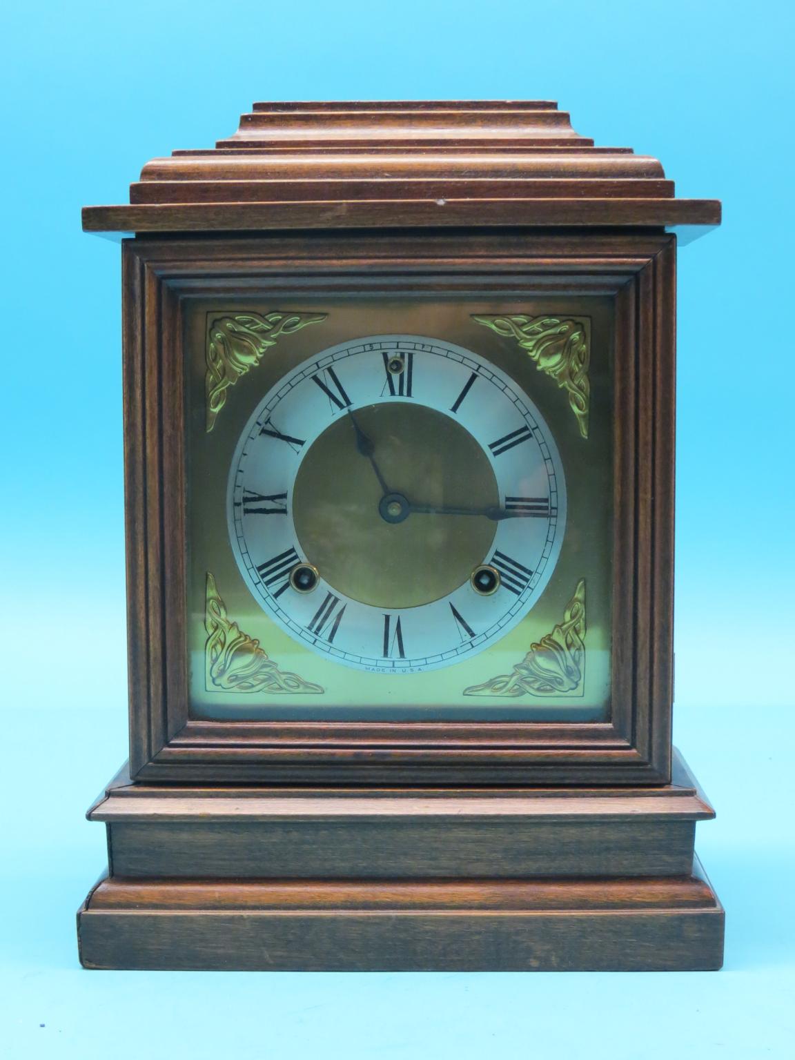 A period-style bracket clock, with square brass dial, 13.5in., an oak-cased mantel clock and other - Image 2 of 4
