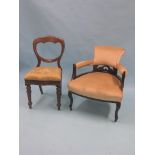 A late Victorian dark mahogany drawing room armchair, tub-shape upholstered in a mushroom dralon,