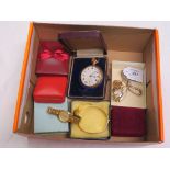 A small assortment of silver jewellery, engine-turned silver Sovereign case, lady's wristwatches