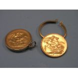 Two gold sovereigns, 1879, 1914, each within 9ct. gold mount
