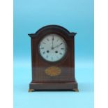 An Edwardian inlaid mahogany mantel clock, with convex enamelled dial and French Mougin gong-