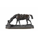 Anonimo del XIX secolo, Cavallo che gioca con cane - bronzo in patina scura, altezza [...]