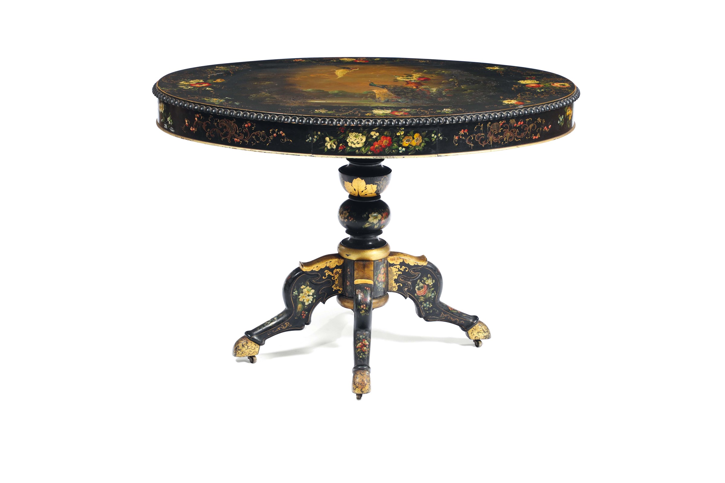 Tavolo ovale in legno ebanizzato e dipinto, XIX secolo, - decori policromi a motivo [...]