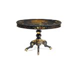 Tavolo ovale in legno ebanizzato e dipinto, XIX secolo, - decori policromi a motivo [...]