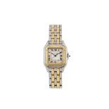 CARTIER , "SANTOS". Fine, square, water-resistant, 18K yellow gold and steel lady's [...]