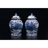 A pair of blue and white potiches and cover with landscapes, China, Qing Dynasty, [...]