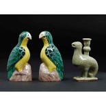 Lot of polychrome and Celadon enammeled porcelain two parrots and a candlestick, [...]