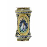 Albarello Palermo, fine del XVI secolo, - Maiolica. Altezza cm 29,8. Sbeccature [...]