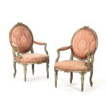 A pair of armchairs in carved, painted and gilded wood, Genoa, second half of the [...]