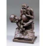 After Hugo Wolfgang Rheinhold (1853-1900) - brown patinated bronze model of an ape holding a human