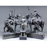 A pair of 19th Century bronzed spelter equestrian figures of a victorious Roman leading a captive